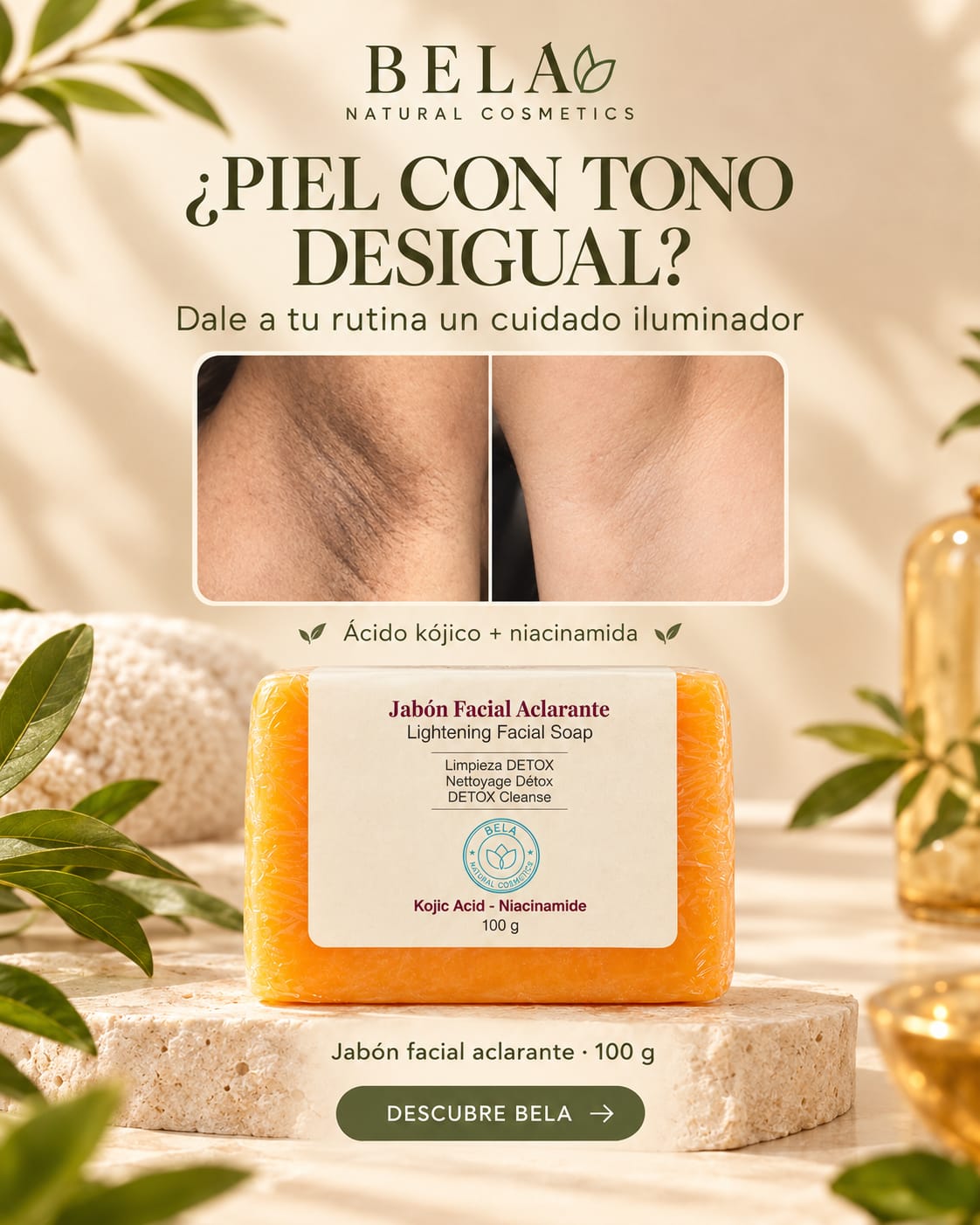 Jabón Facial Aclarante Bela con ácido kójico y niacinamida, resultado antes y después en axila